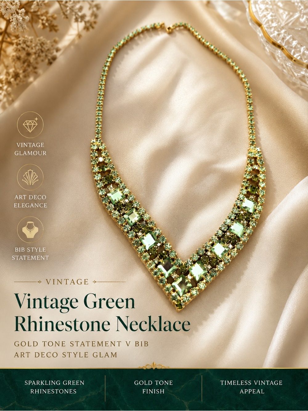 Vintage Green Rhinestone Necklace Gold Tone Statement V Bib Art Deco Style Glam